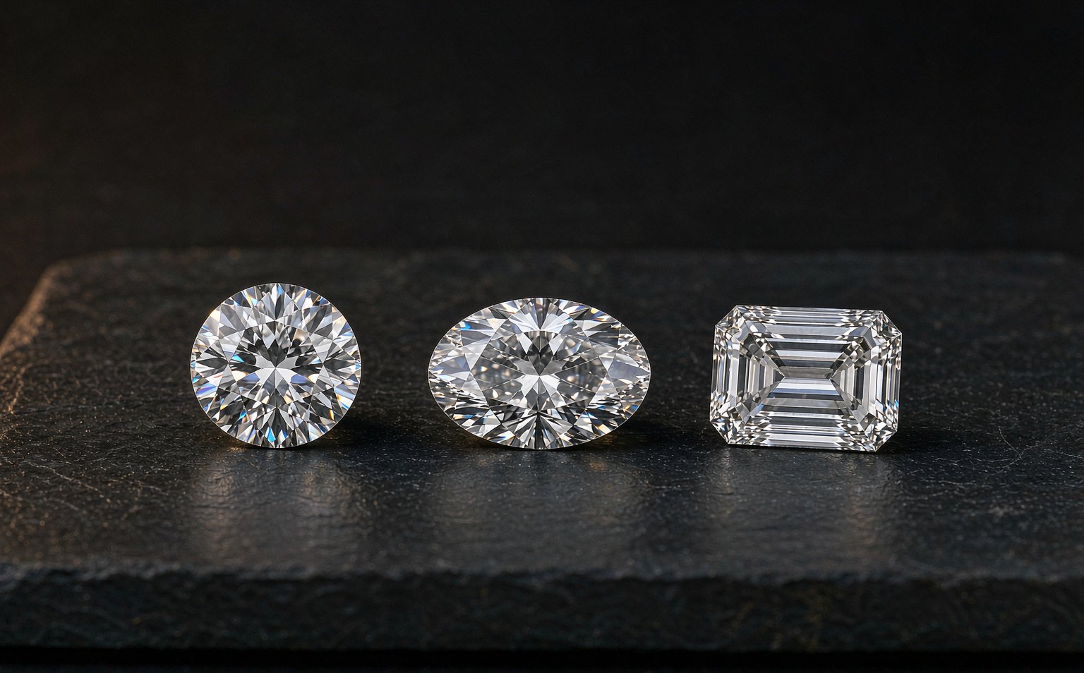 Assorted moissanite gemstones on bright marble